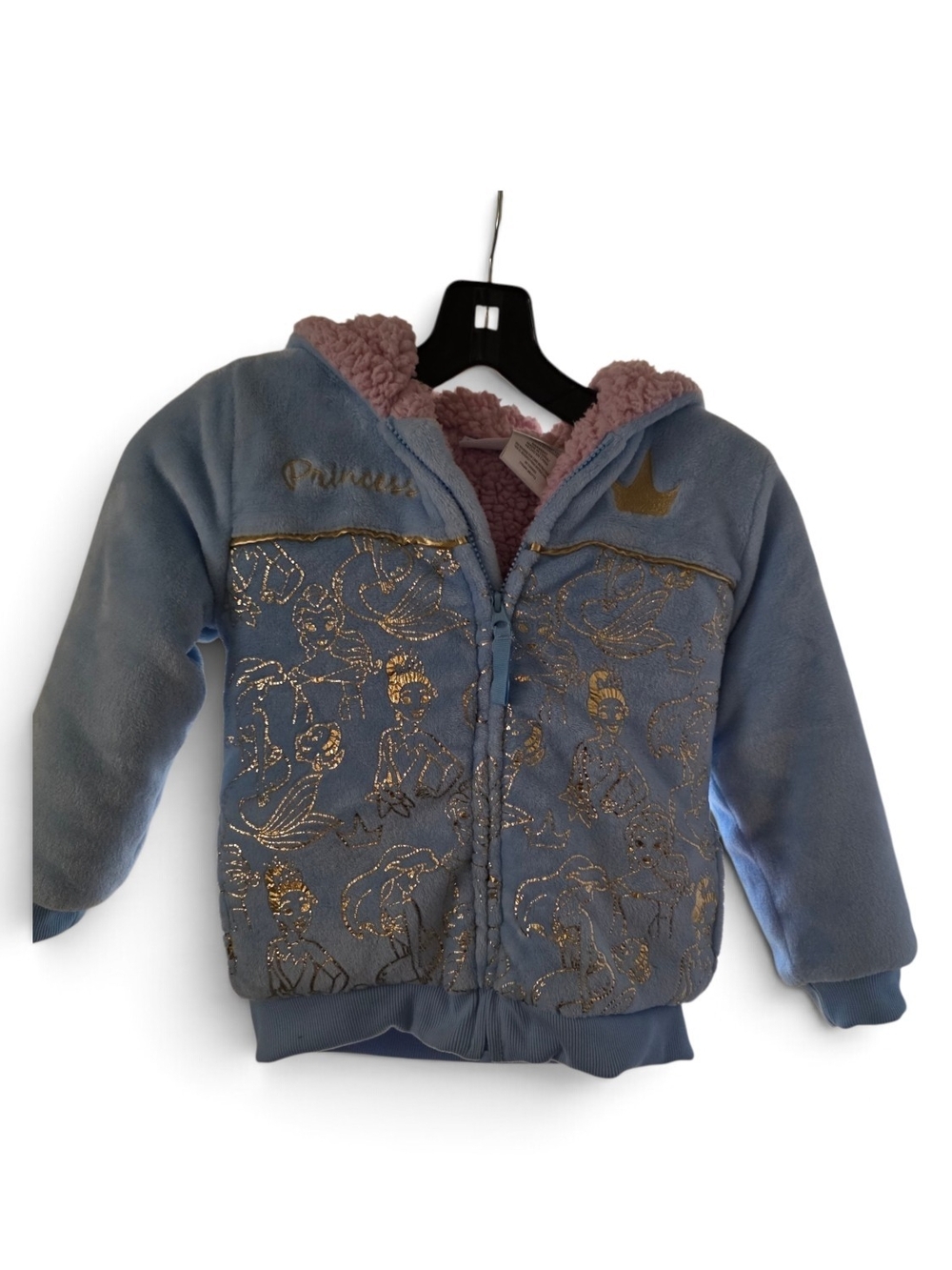 Disney Light Blue Hooded Puffer Jacket with Pink Sherpa Lining and Gold Glitter